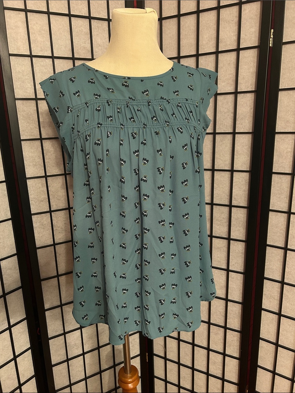 LOFT Teal Floral Smocked Cap-Sleeve Tunic